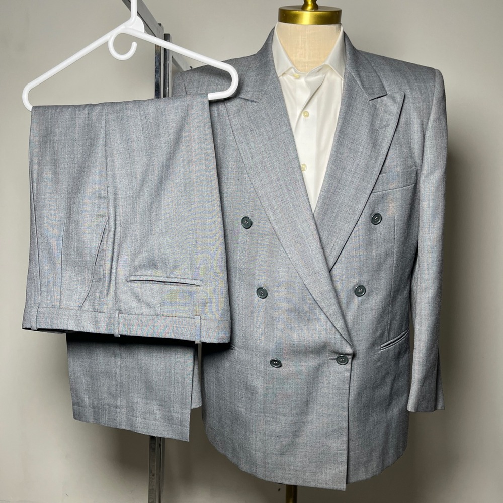 Paul Rodon Suit Mens 44R W36 Gray Herringbone Pinstripe Double Breasted Vintage